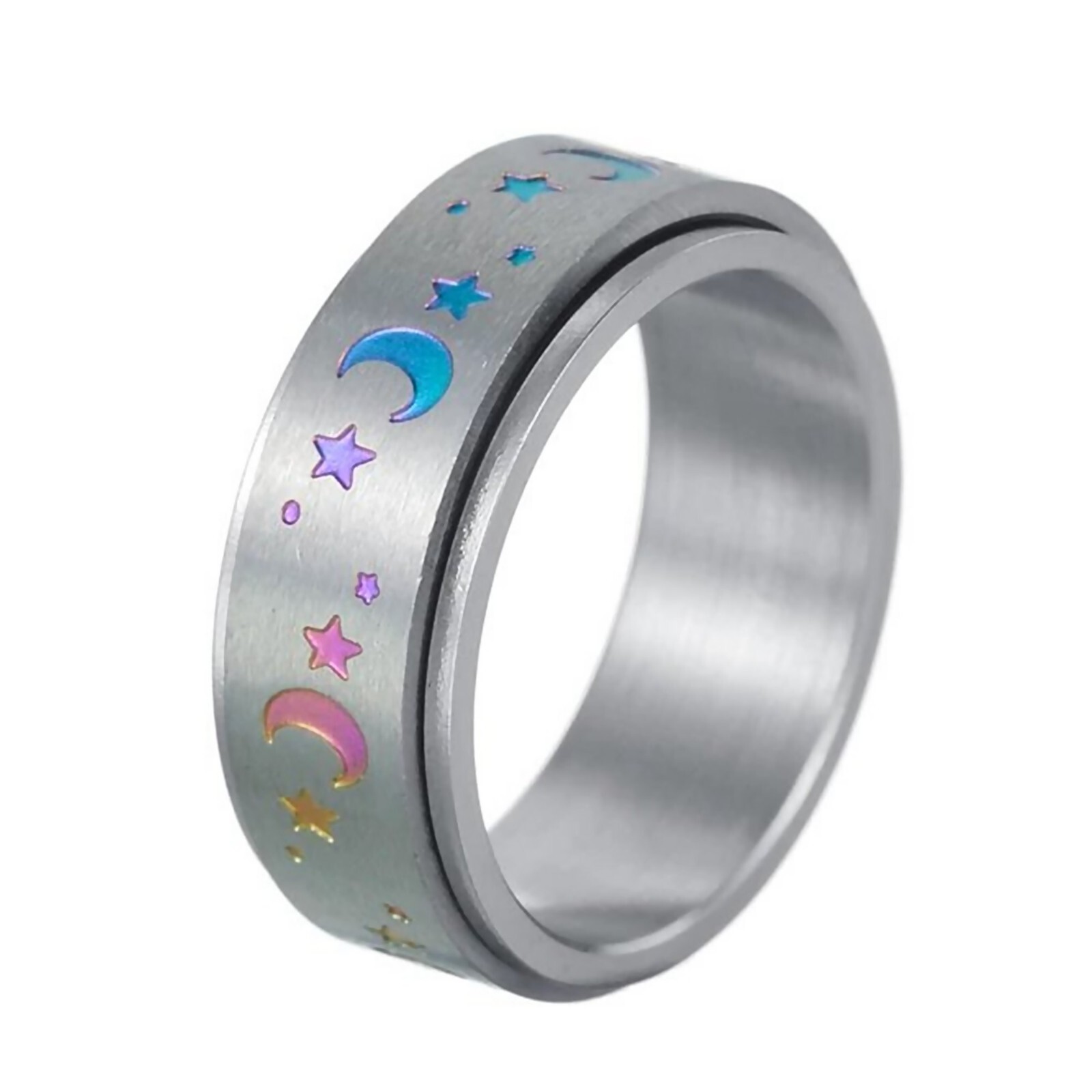 Rainbow Moon Stars Spinner Ring Stainless Steel Celestial Stress Reliever Band