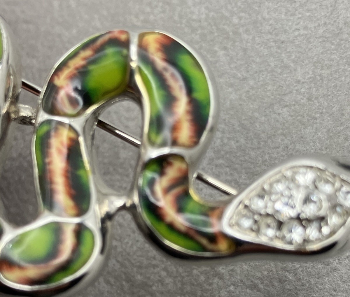 Silver Tone Enameled Snake Brooch Rhinestone Head 2.25 Inches