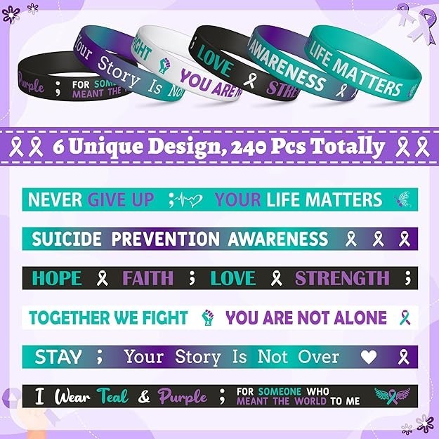 Suicide Awareness Silicone Bracelets Set of 6 – Mental Health Support Wristbands