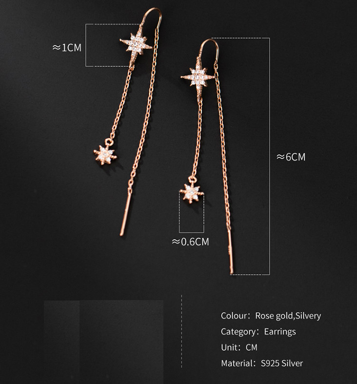 Rose Gold Snowflake Star CZ Dangle Threader Earrings Sterling Silver Set PE48