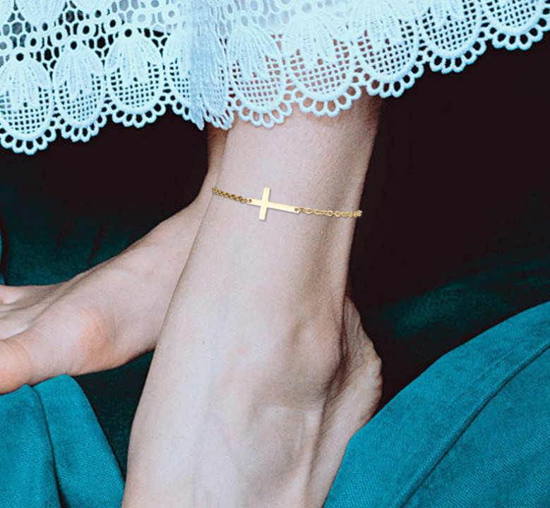 8-10″ Rose Gold Silver Gold Stainless Steel Cross Anklet Foot Chain Women PE49