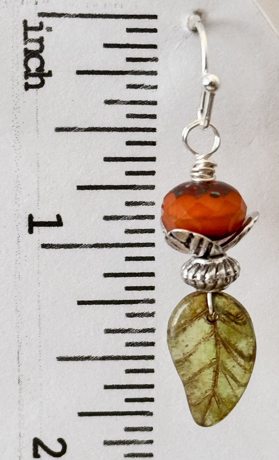 Silver and Green Leaf With Orange Czech Bead Dangle Earrings. Boho Chic.