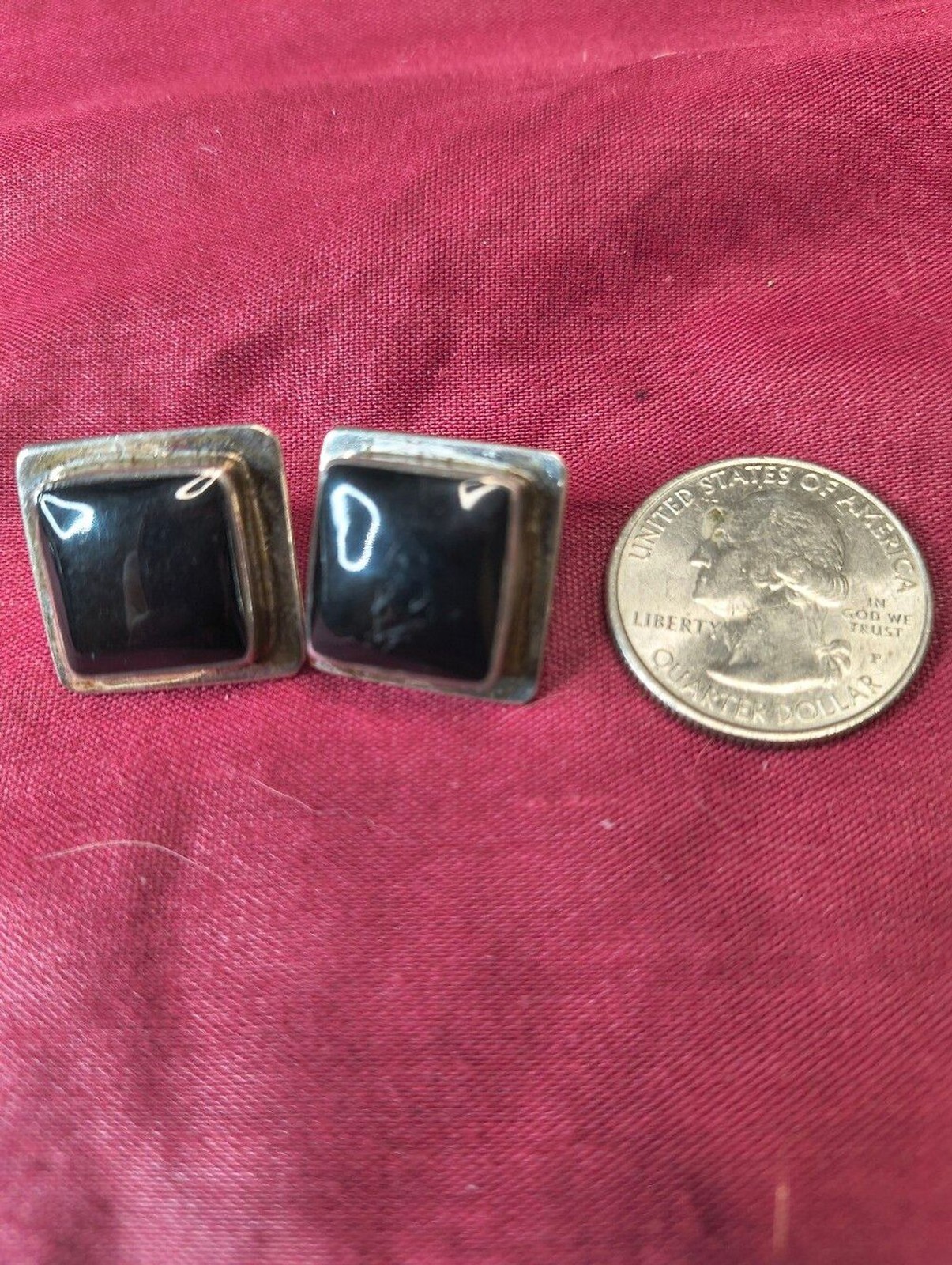 Vintage Sterling Silver Black Onyx Square Stud Earrings Signed Artisan 16g