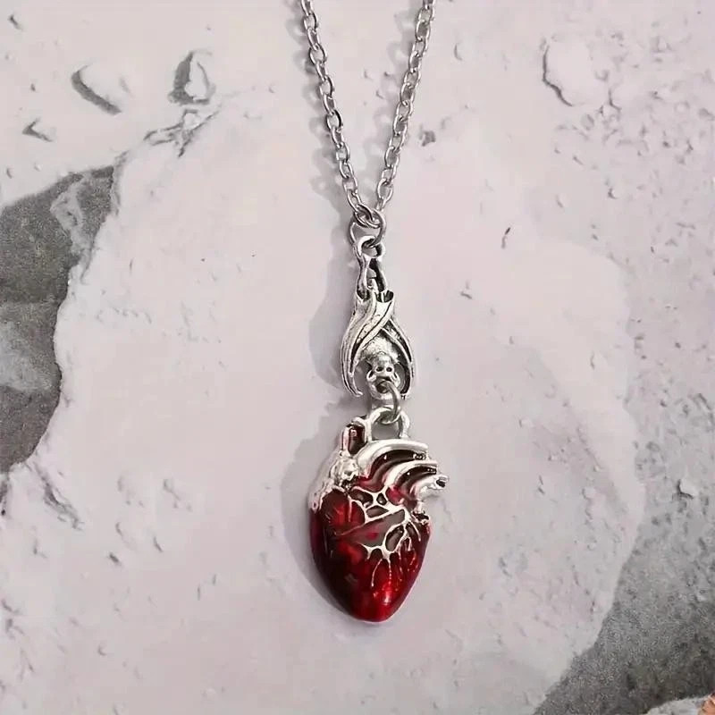 Gothic Vampire Bat Bloody Heart Pendant Necklace Pagan Witch Halloween Jewelry