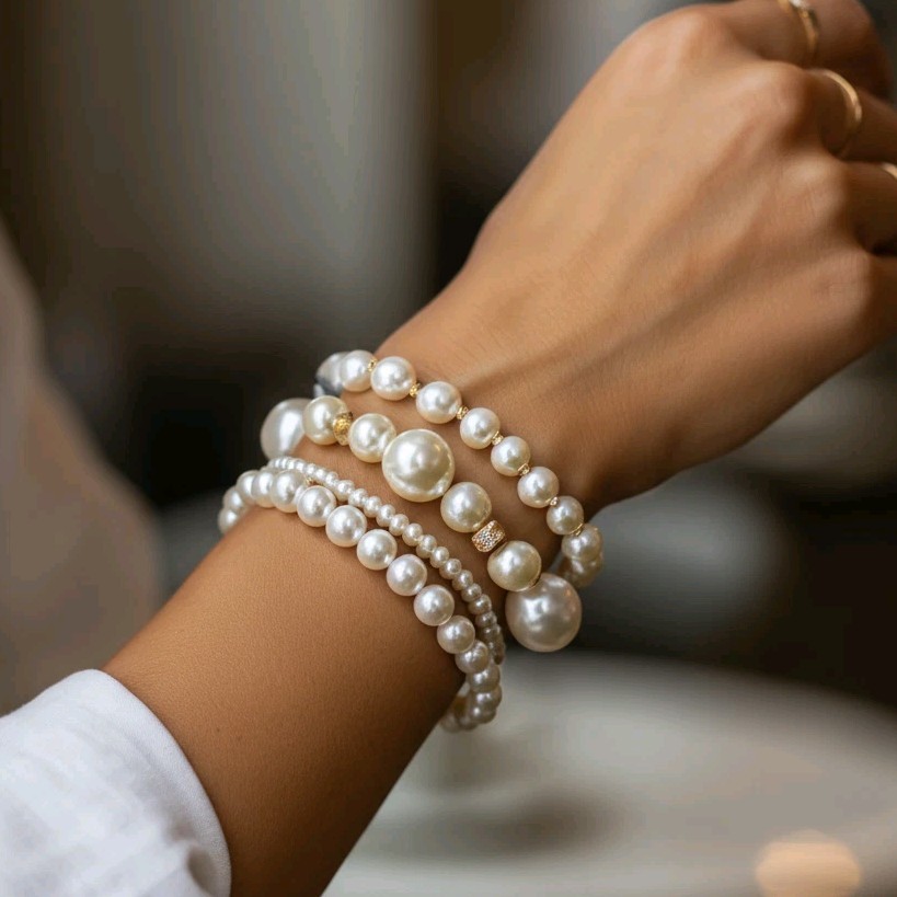 4-Piece Pearl Beaded Bracelet Set, Gold Accents, Stretch Layered Jewelry
