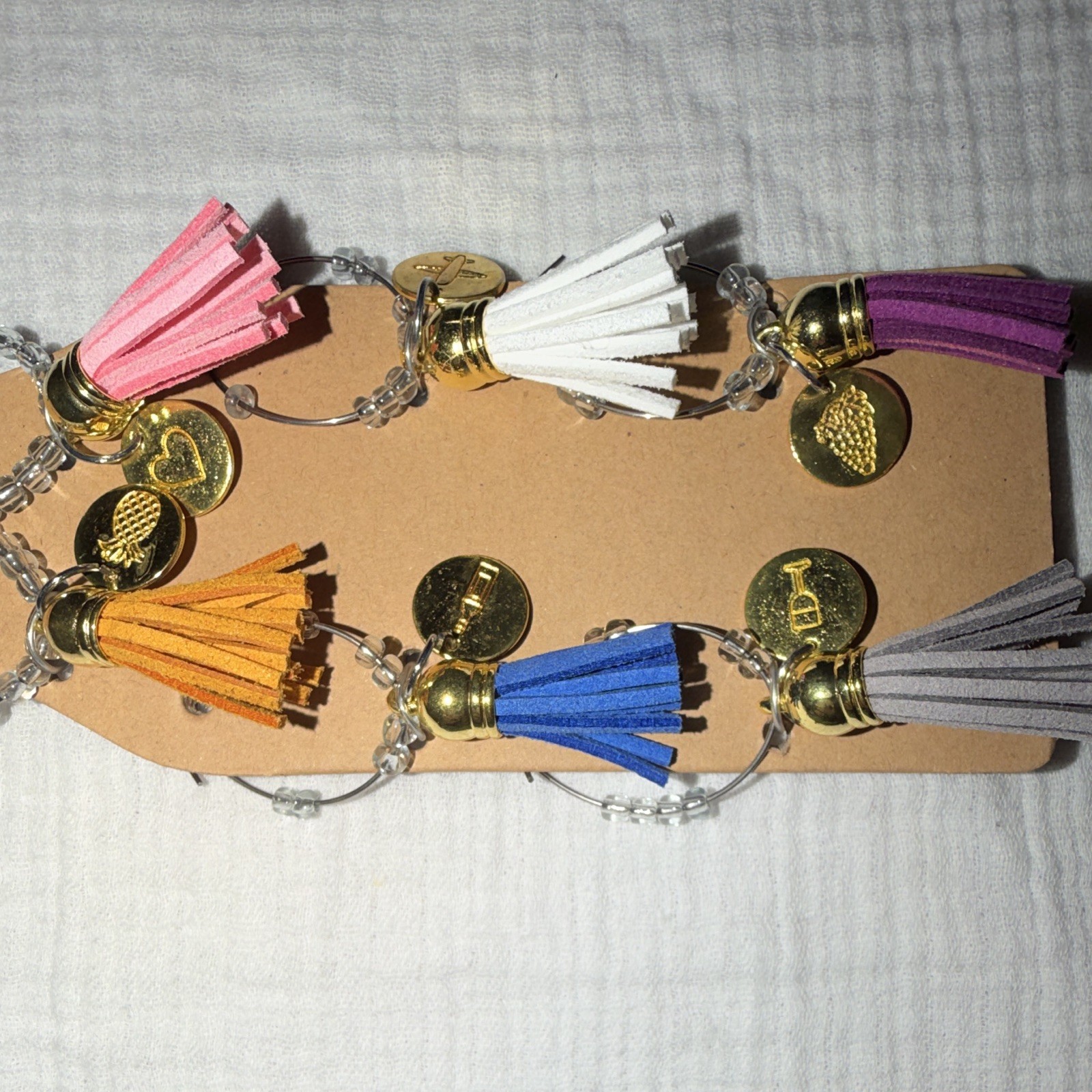 Multicolor Faux Leather Tassel Hoop Dangle Wine Glass Markers with Hook Closure