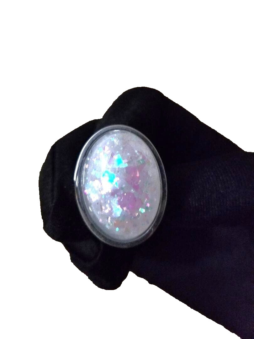 White Opal Ring – Resin Fiery Opal Ring 18 x 25mm in Double Stainless-Steel Band