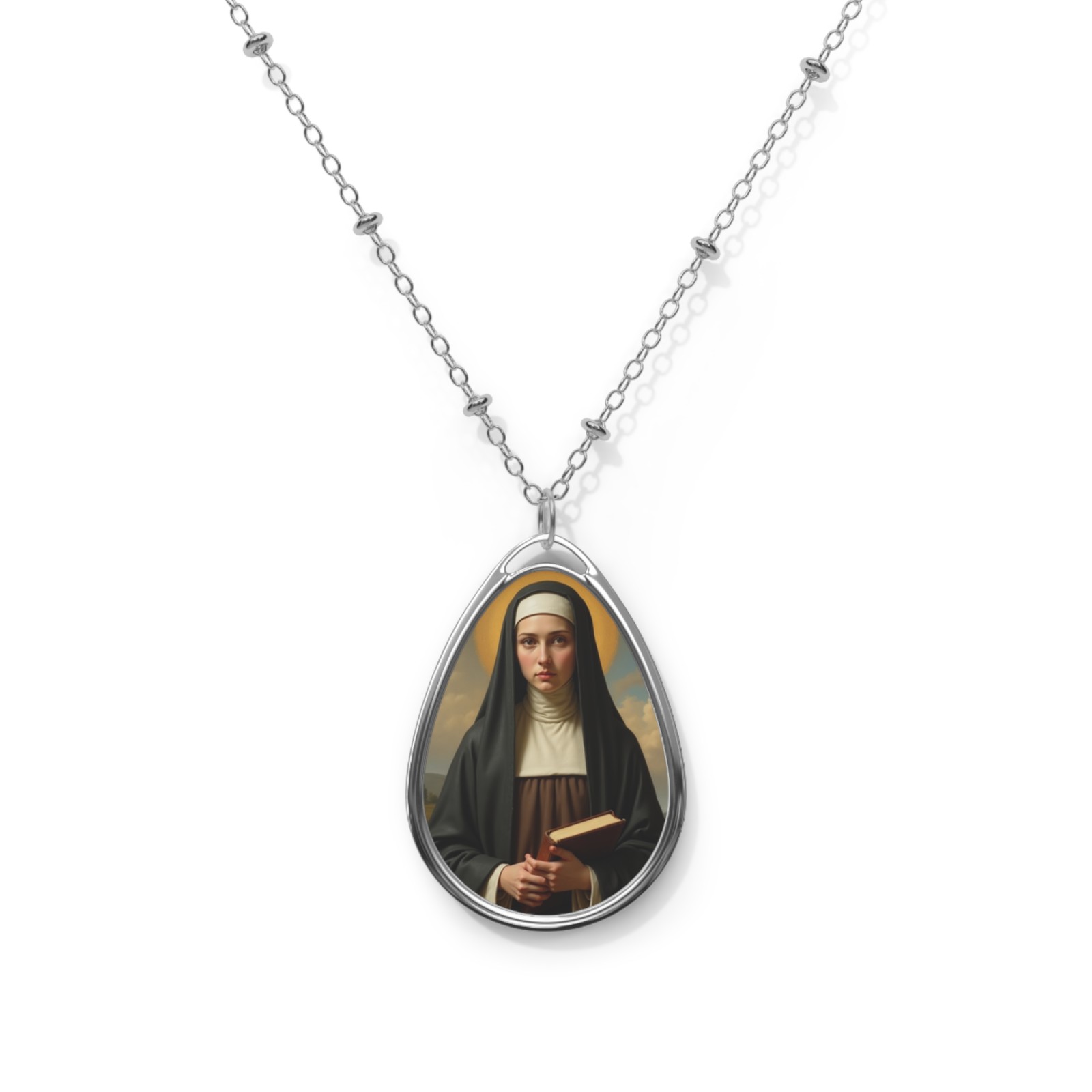 Saint Gertrude The Great, Oval Pendant Necklace, Christian Gift