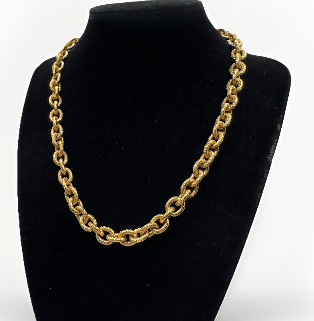 Gold Tone Necklace Textured Rolo Link Chain 16″ Heavy Layering Beautiful Quality