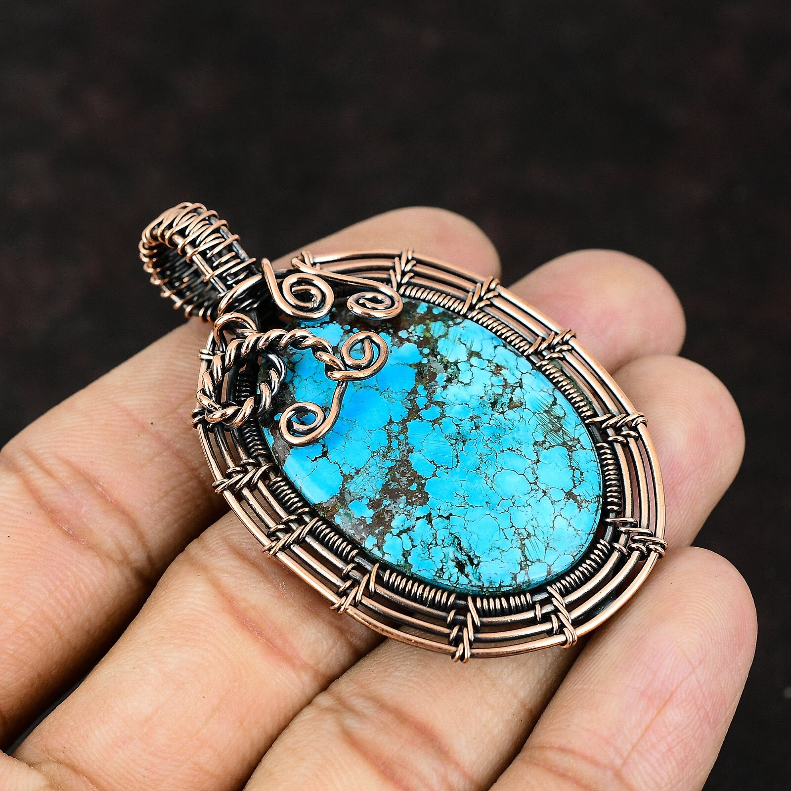 Tibetan Turquoise Gemstone Jewelry Copper Love Gift Wire Wrapped Pendant 2.44″