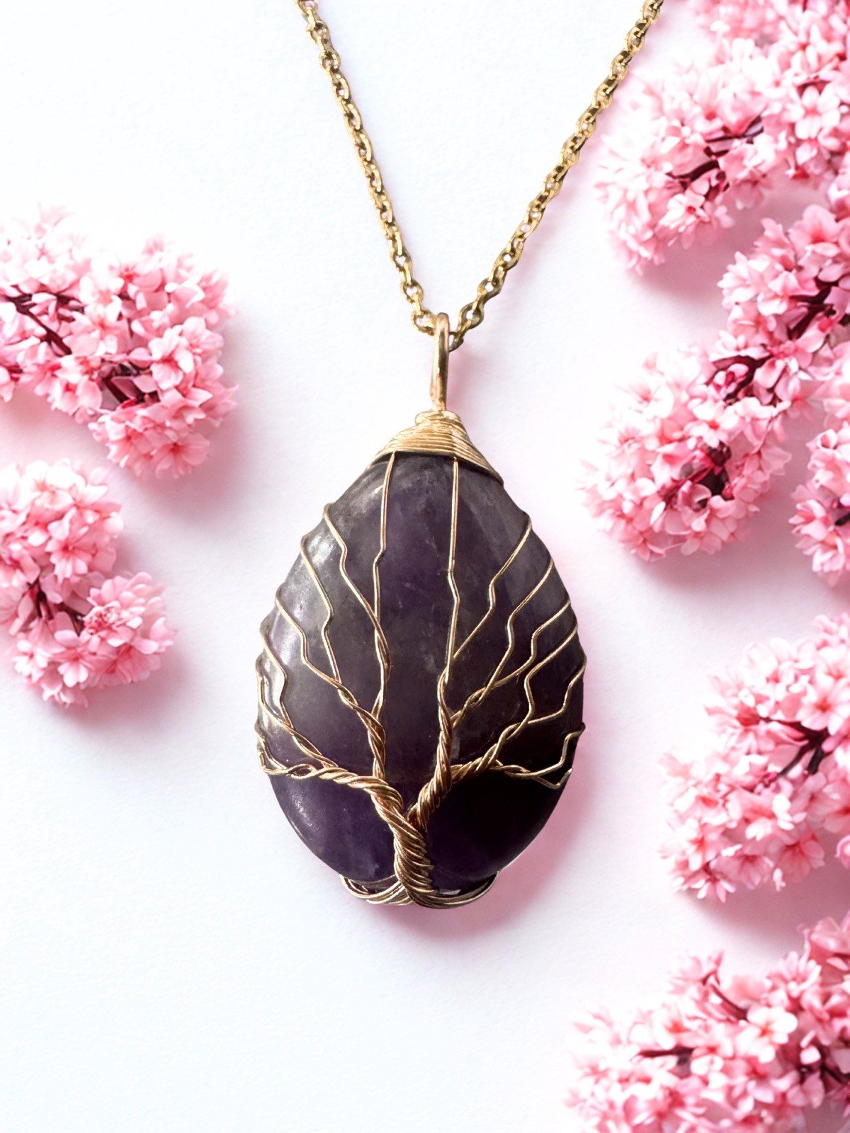 Amethyst Crystal Tear drop Tree of Life Pendant With Gold Necklace Healing Stone