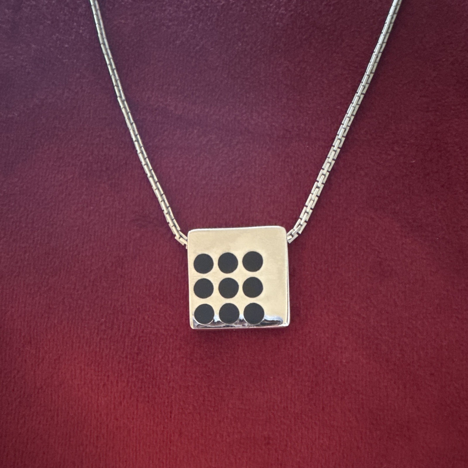 Park Lane Signed Silver Tone Square Charm Pendant Necklace Black Dots Box Chain
