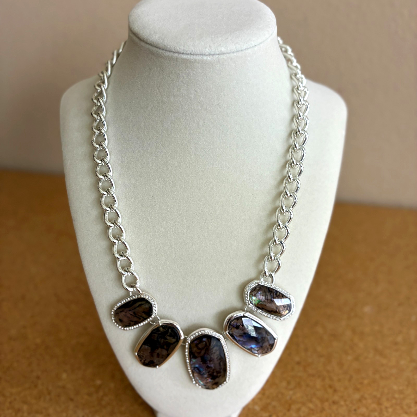 VTG Dana Buchman Silver Chain Neckace w Abalone Pendants 17″ Signed Statement