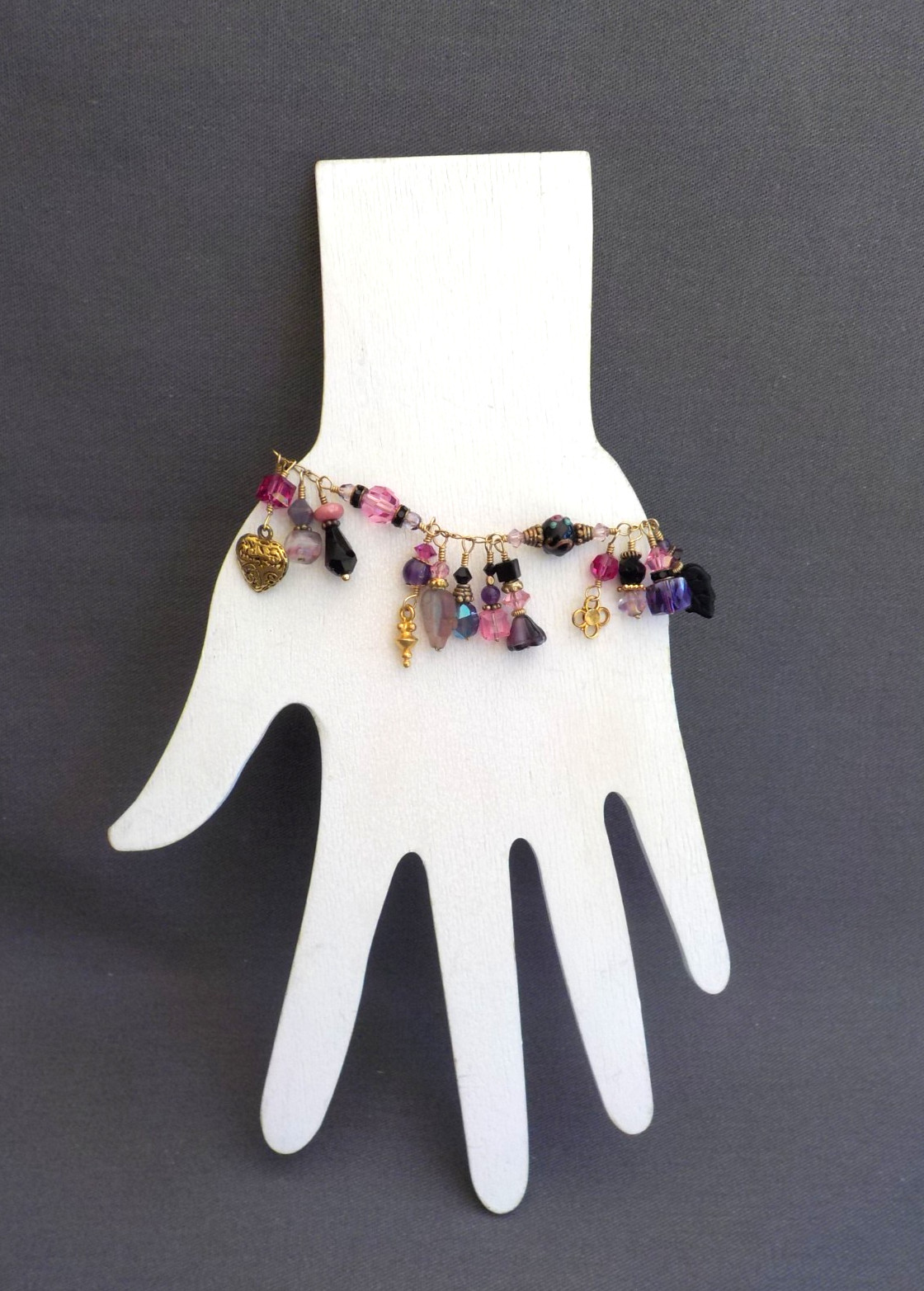 Glass Flower Leaf Heart Charm Bracelet Dangle Gold Tone Metal Purple Pink Black