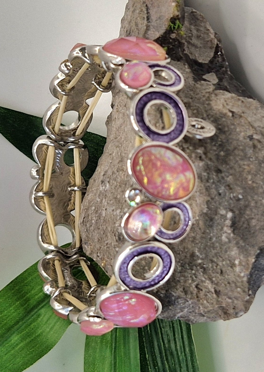 Silver Tone Stretch Bar Link Bracelet Pink Oval Glass Cabochons Purple Enamel