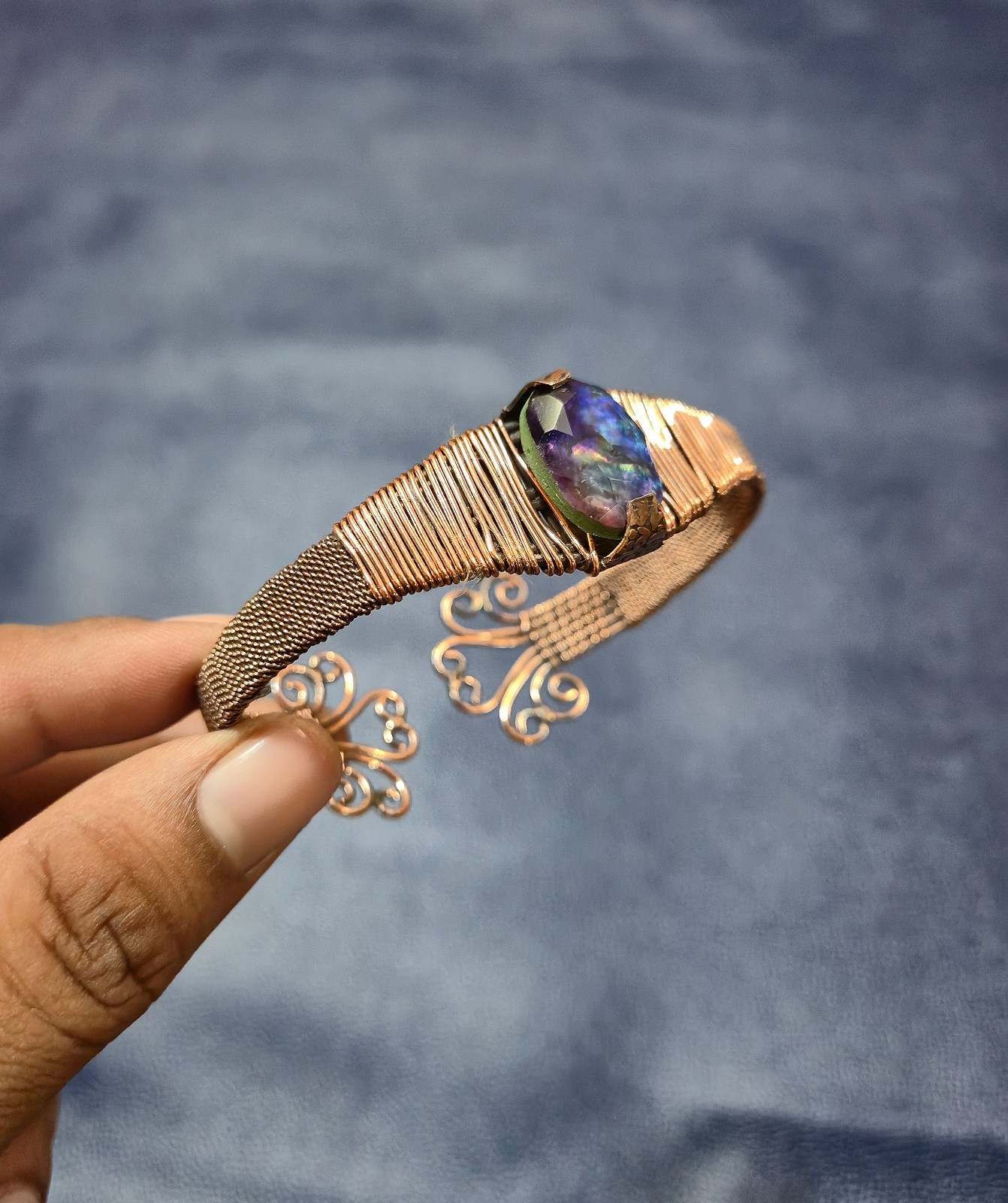 Fire Ammolite Bangle Copper Wire Wrapped Cuff Bracelet Adjustable Bangle