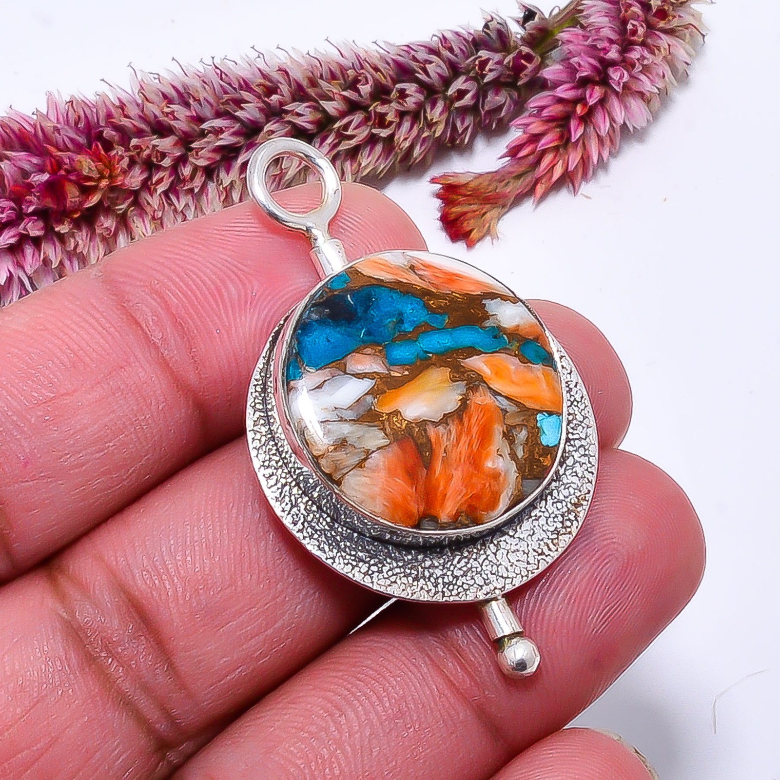 Copper Spiny Oyster Arizona Turquoise Handmade 925 Silver Pendant 1.79″ P1037614