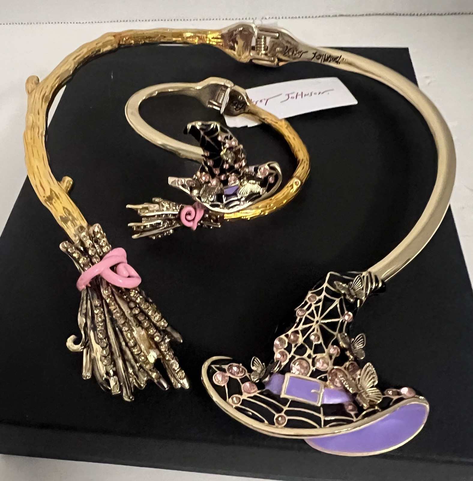 Betsey Johnson Set of Necklace & Bangle Halloween Witch Hat & Broom Crystal NWT