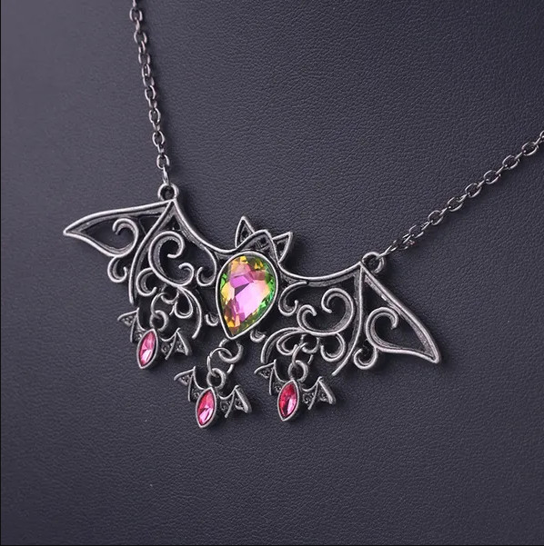 Gothic Bat Pendant Necklace, Mother with Baby Bats, Halloween Vampire, Crystals