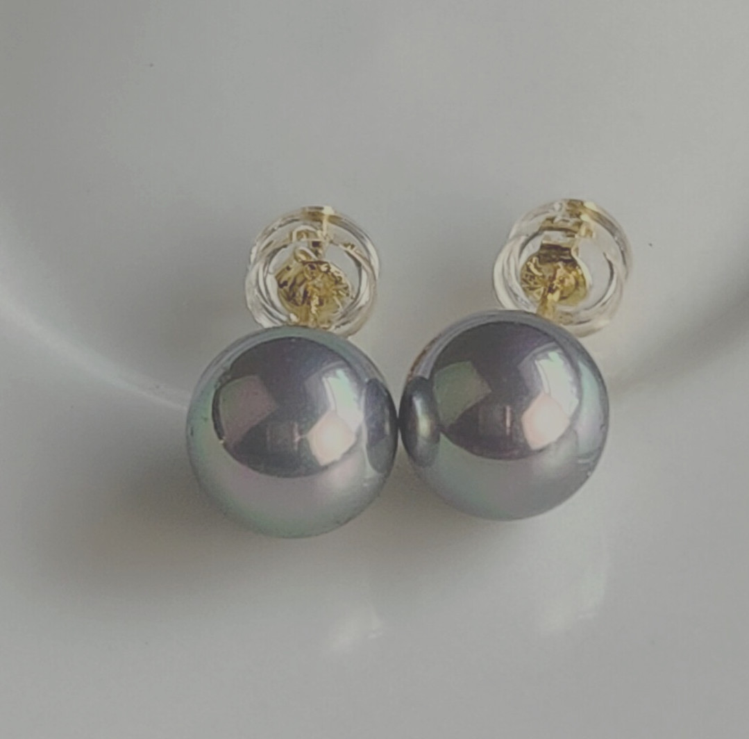 Sea Shell Akoya Gray Color 8mm Pearl Stud Earrings 925 Silver 14k Gold Plate