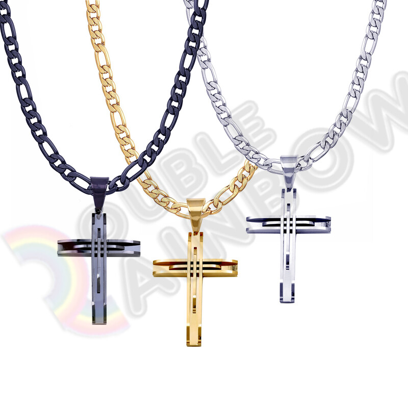 Men’S Stainless steel Cross Necklace Pendant 8mm Diamond Cut Figaro Chain 23P02