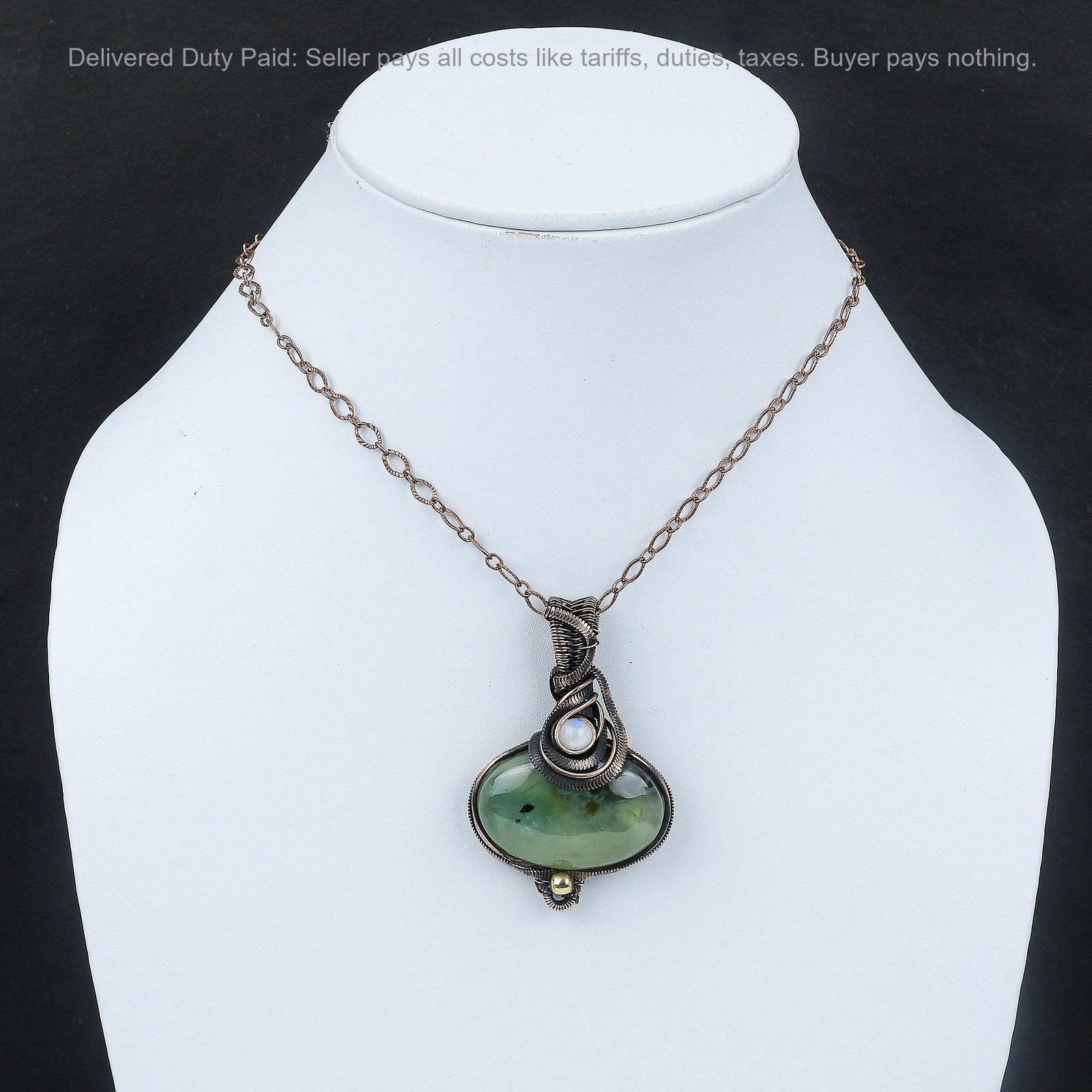 Copper Moss Prehnite Stone Rainbow Moonstone Anniversary Wire Wrapped Pendant