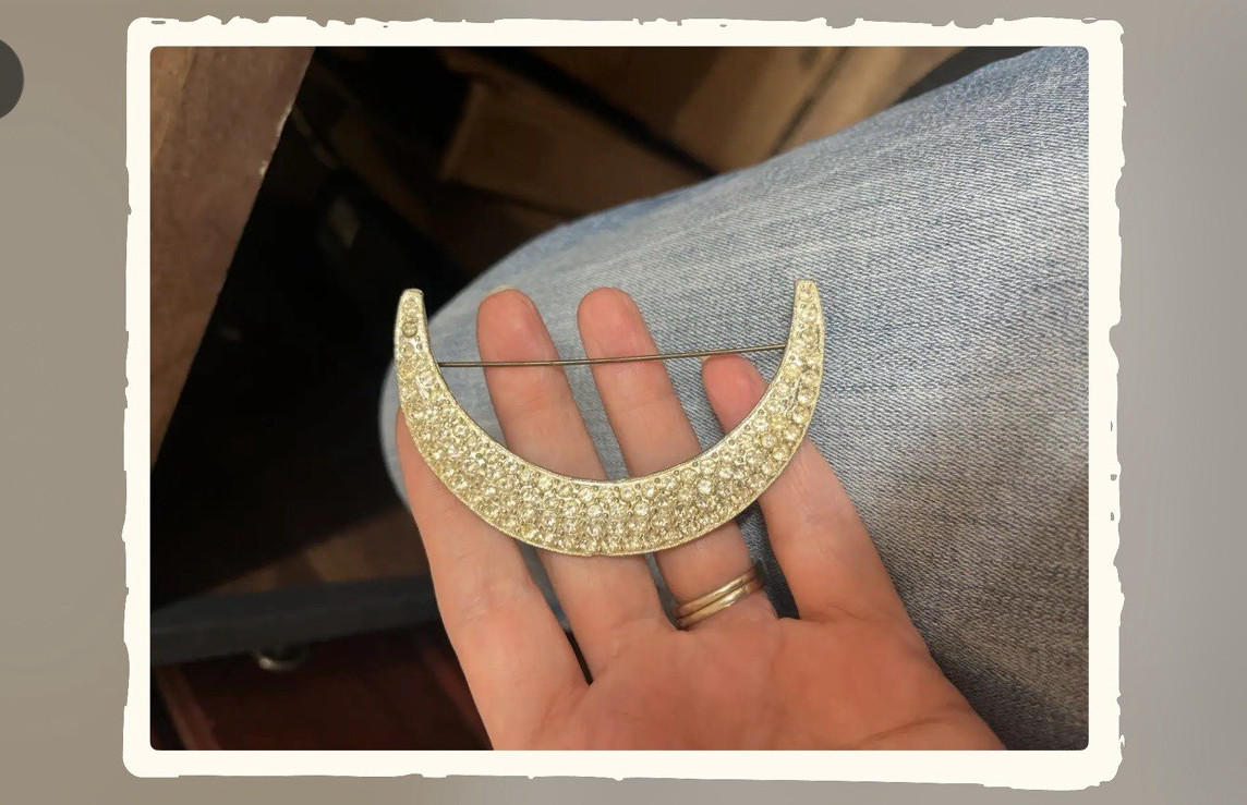 Gold Tone Crescent Moon Brooch Pin with Clear Rhinestones Celestial Theme