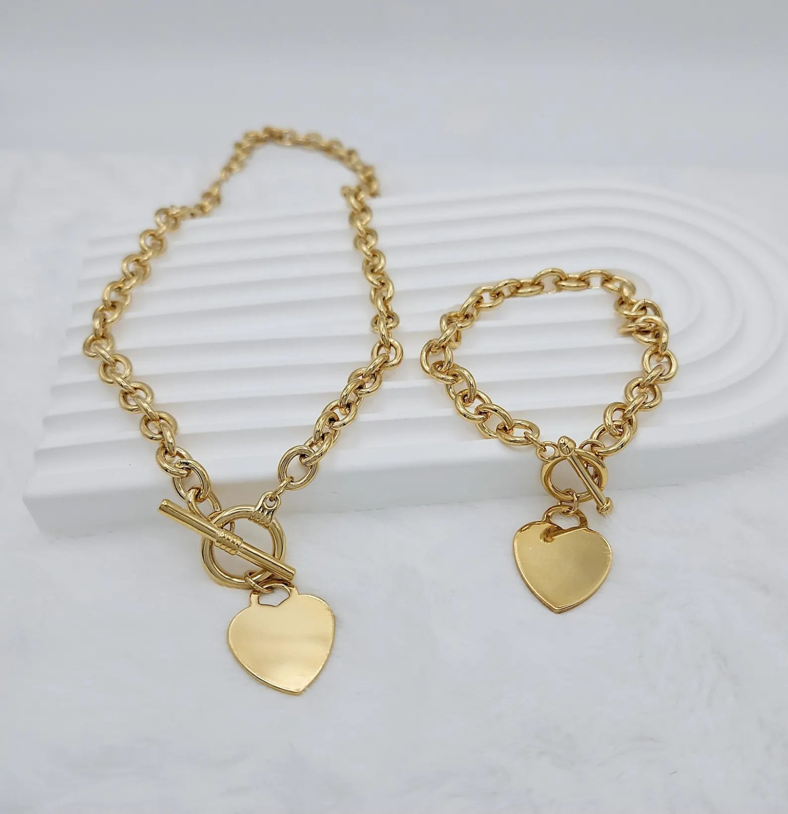 Gold Toggle & Tag Necklace & Bracelet Set, 14k Heavy Plated Gold or Silver