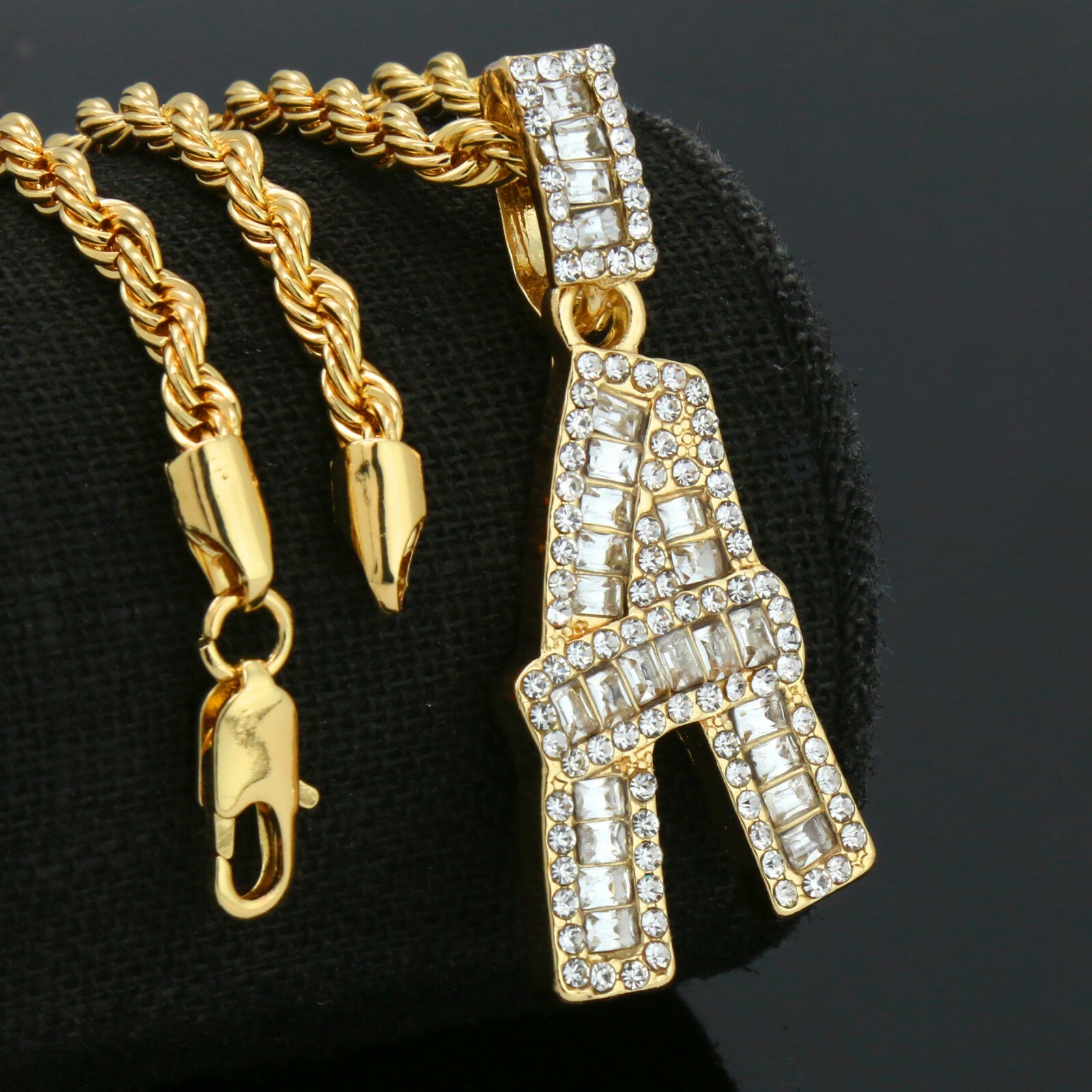 Initial Alphabet Letter Gold Plated Cut Pendant Cubic-Zirconia 24″ Rope Chain
