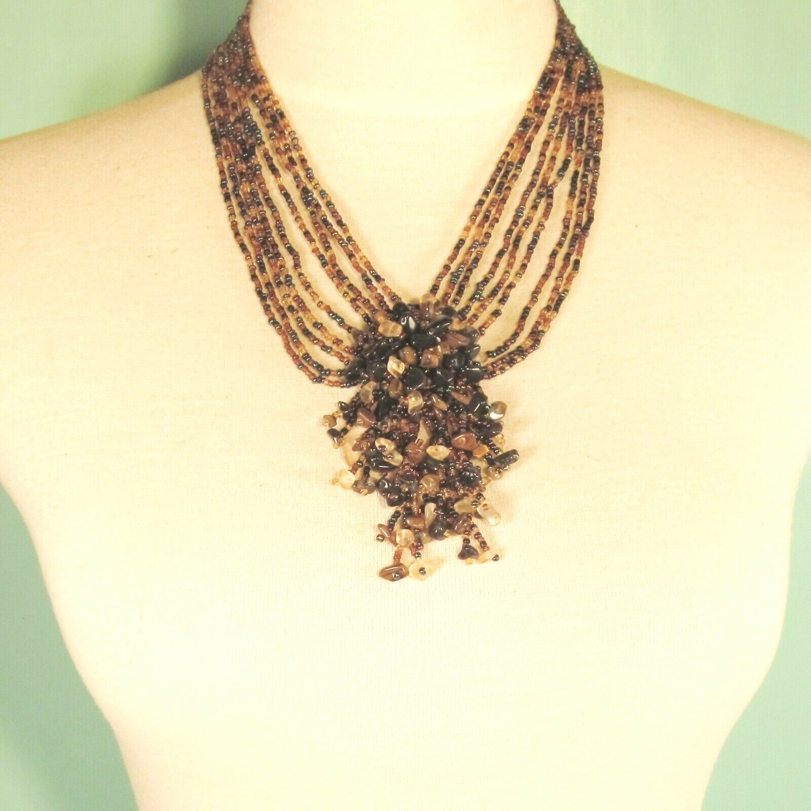 16″ Gold Black Multicolor Gemstone Chip Cluster Handmade Seed Bead Bali Necklace