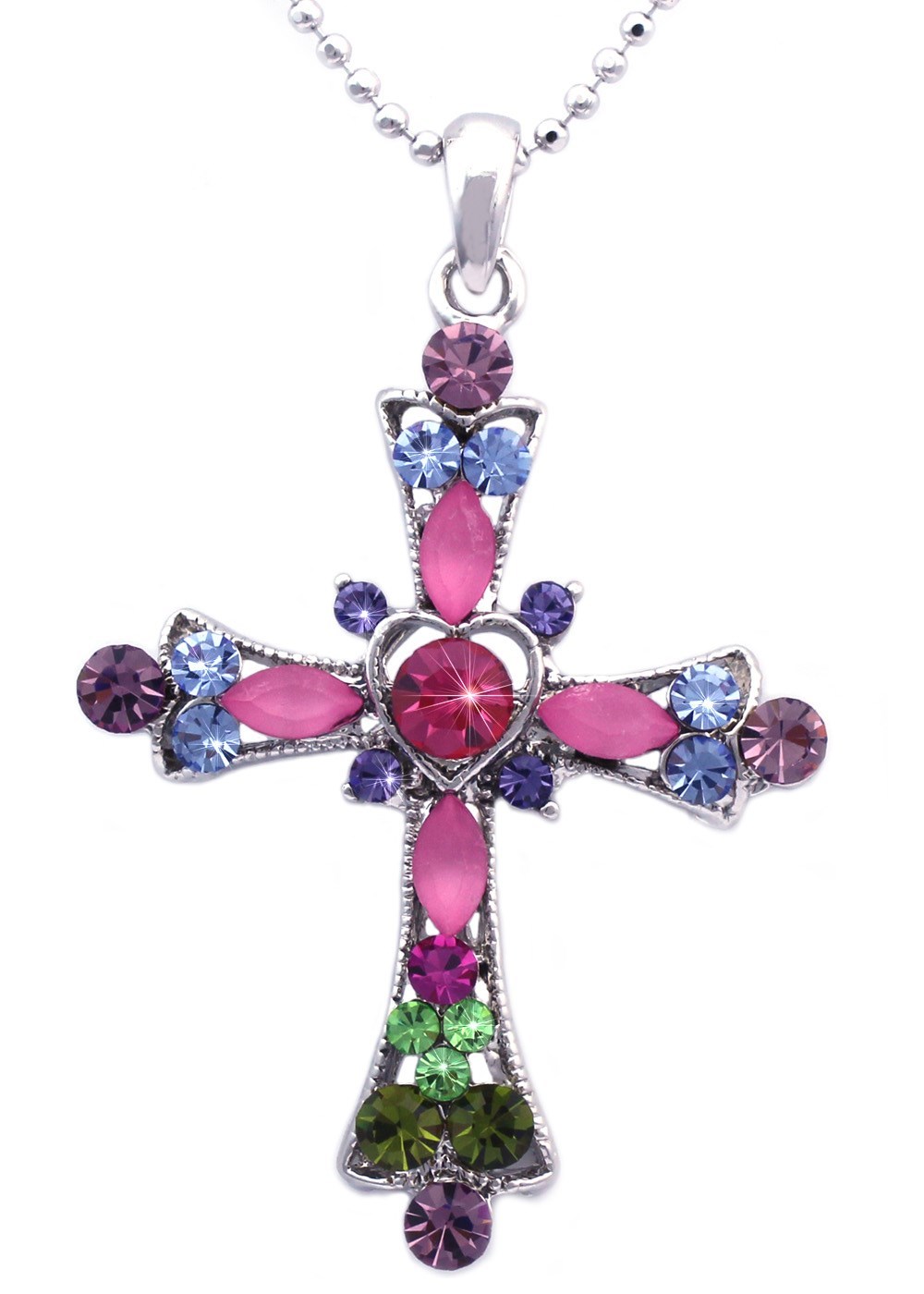 Colorful Chrystal Christian Catholic Heart Cross Pendant Necklace Jewelry n2004m