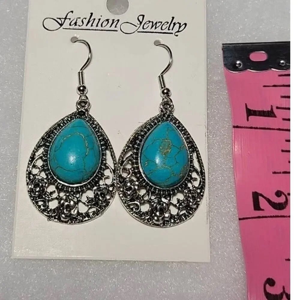 Silver Turquoise Stone Dangle Drop Fashion Earrings Set of 5 ~ NEW