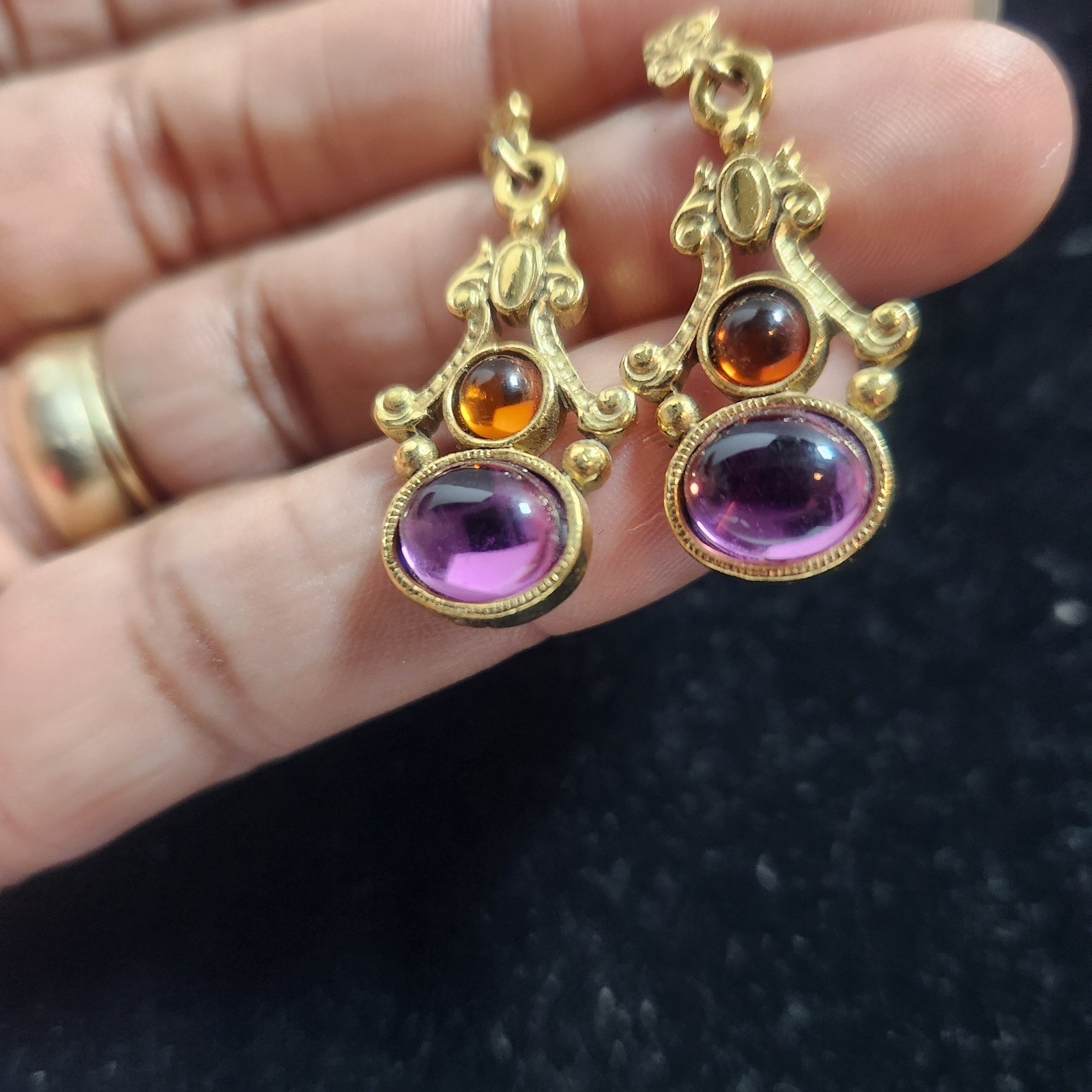 Vintage Victorian Style Gold Tone Purple Amber Cabochon Drop stud Earrings 1928