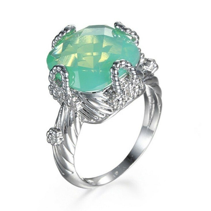 Special Fire Square Green Moonstone Gems Silver Rings Size 6~10 Holiday Gifts