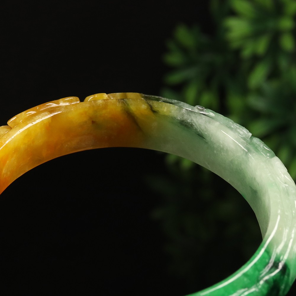 65mm White Brown Green Burma Jadeite Jade Bangle Bracelet Ruyi Fish Bat A-14861