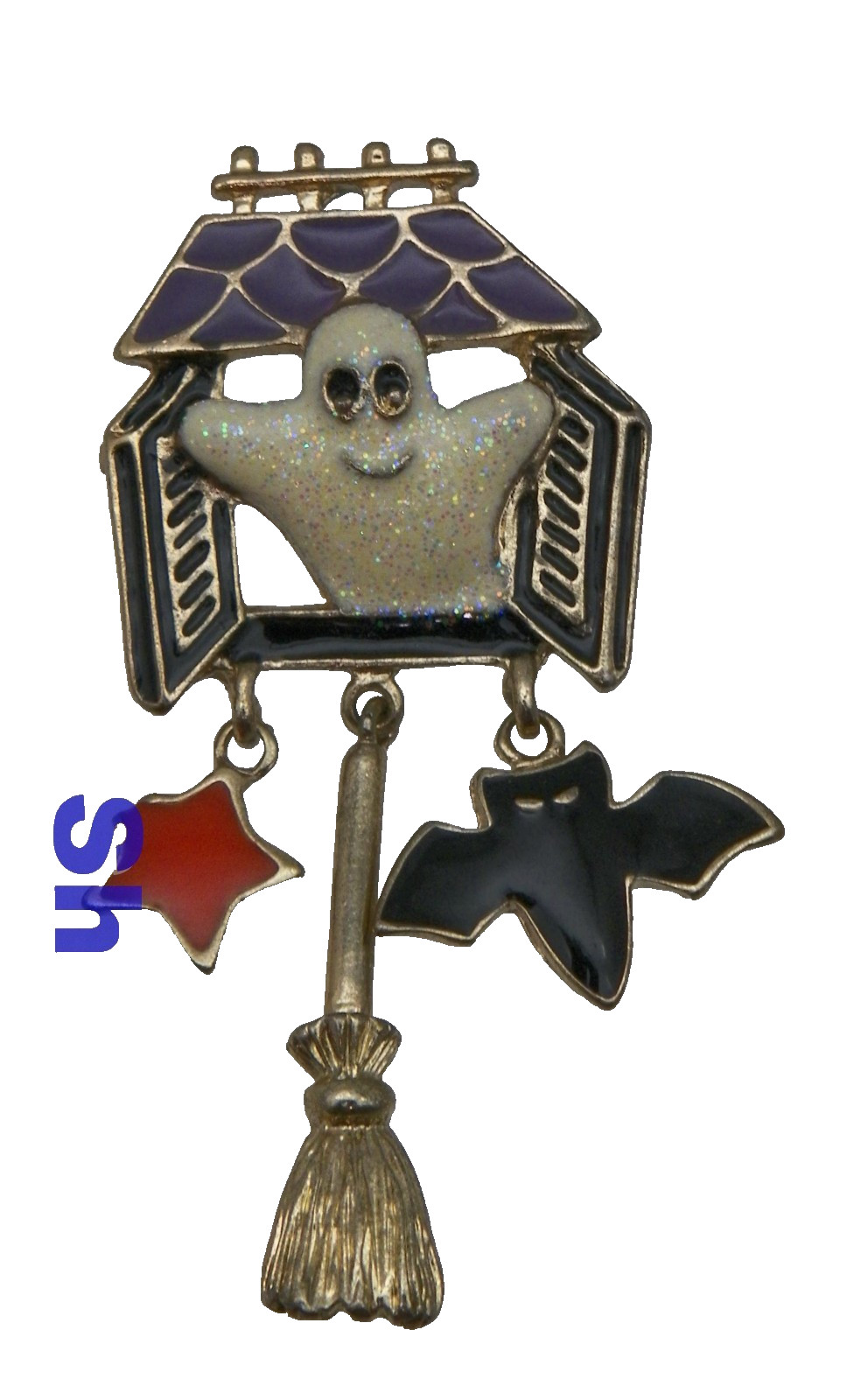 Vintage 1980-90s Gold Tone Enamel  Ghost Bat Broom Halloween Pin Brooch