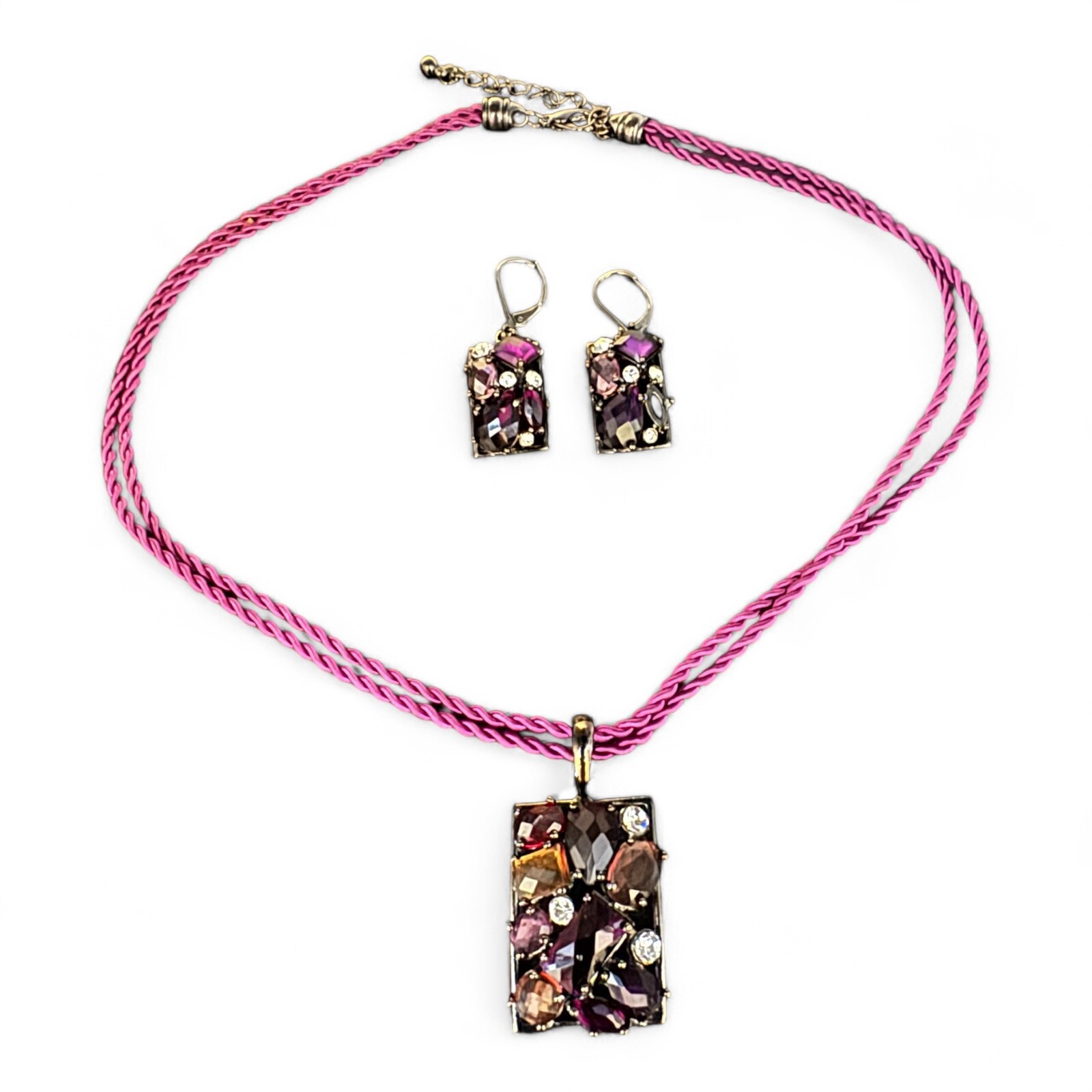 Multi-Purple Tone Rhinestone Rectangle Pendant Necklace W/Matching Earrings