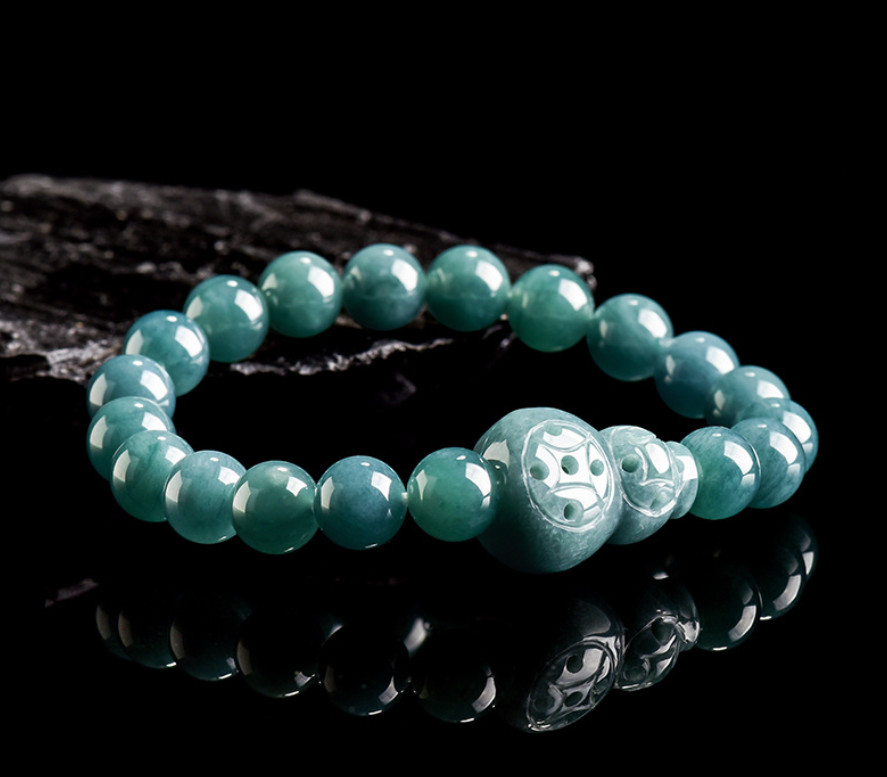 Certified Natural Blue Jade Jadeite Beaded Elastic Stretch Gourd Bracelet