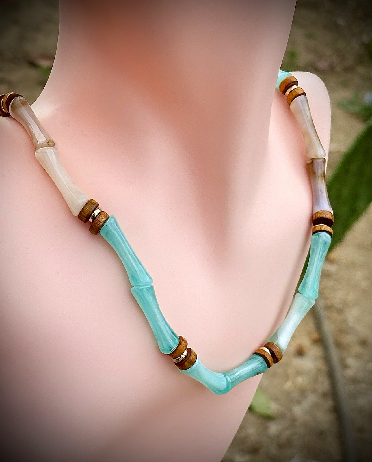 Turquoise & White Tube Stone Bead Necklace w/ wooden Accents, Adjustable