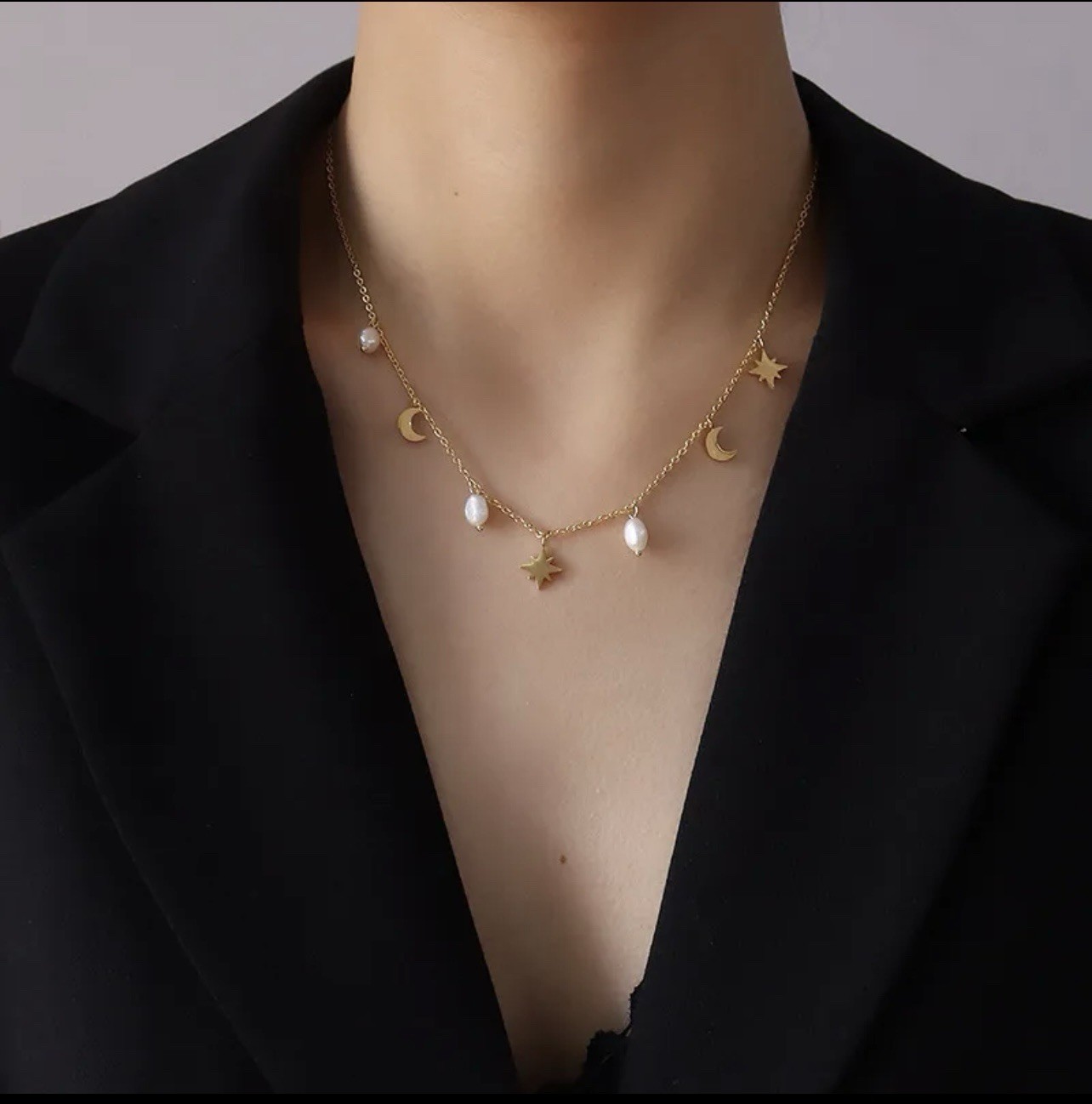 18k Gold Plated Moon & Star Charm Stainless Steel Necklace with Pearls – 45cm