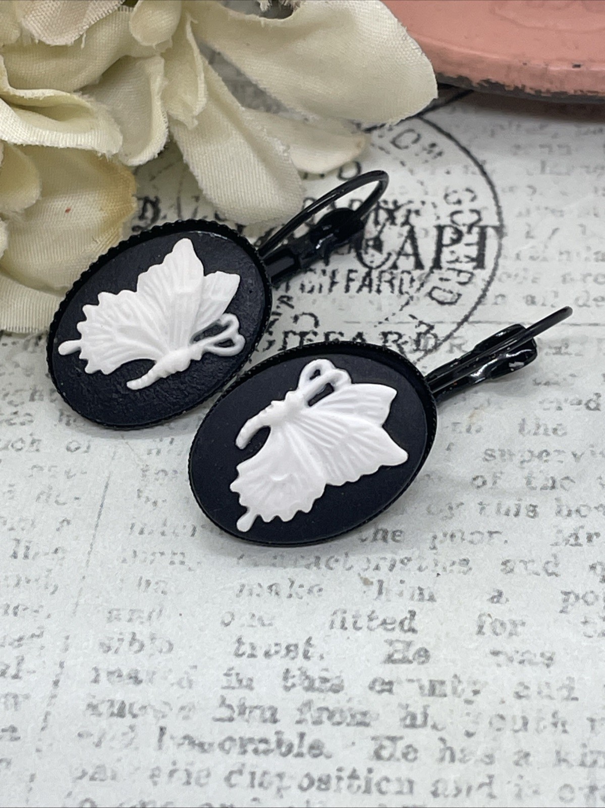 Black Setting Enamel Cameo Butterfly Mom Birthday Anniversary Gift Earrings