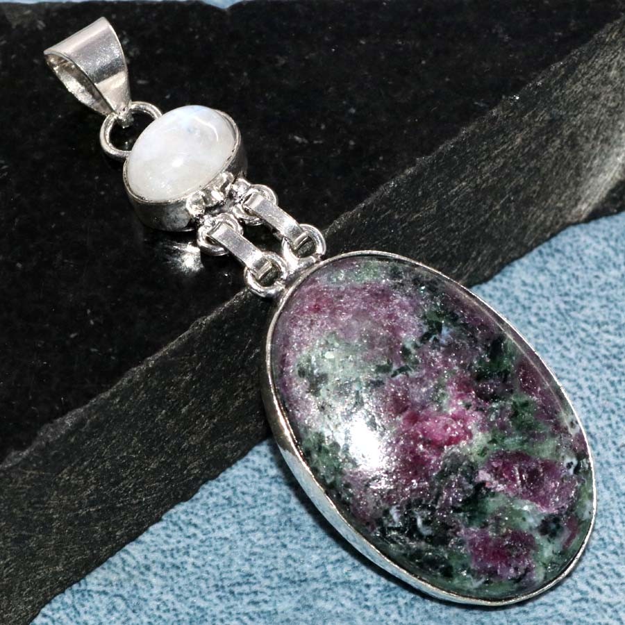 Long Ruby In Zoisite Rainbow Moonstone 925 Silver Plated Pendant 2.4″ Trendy GW