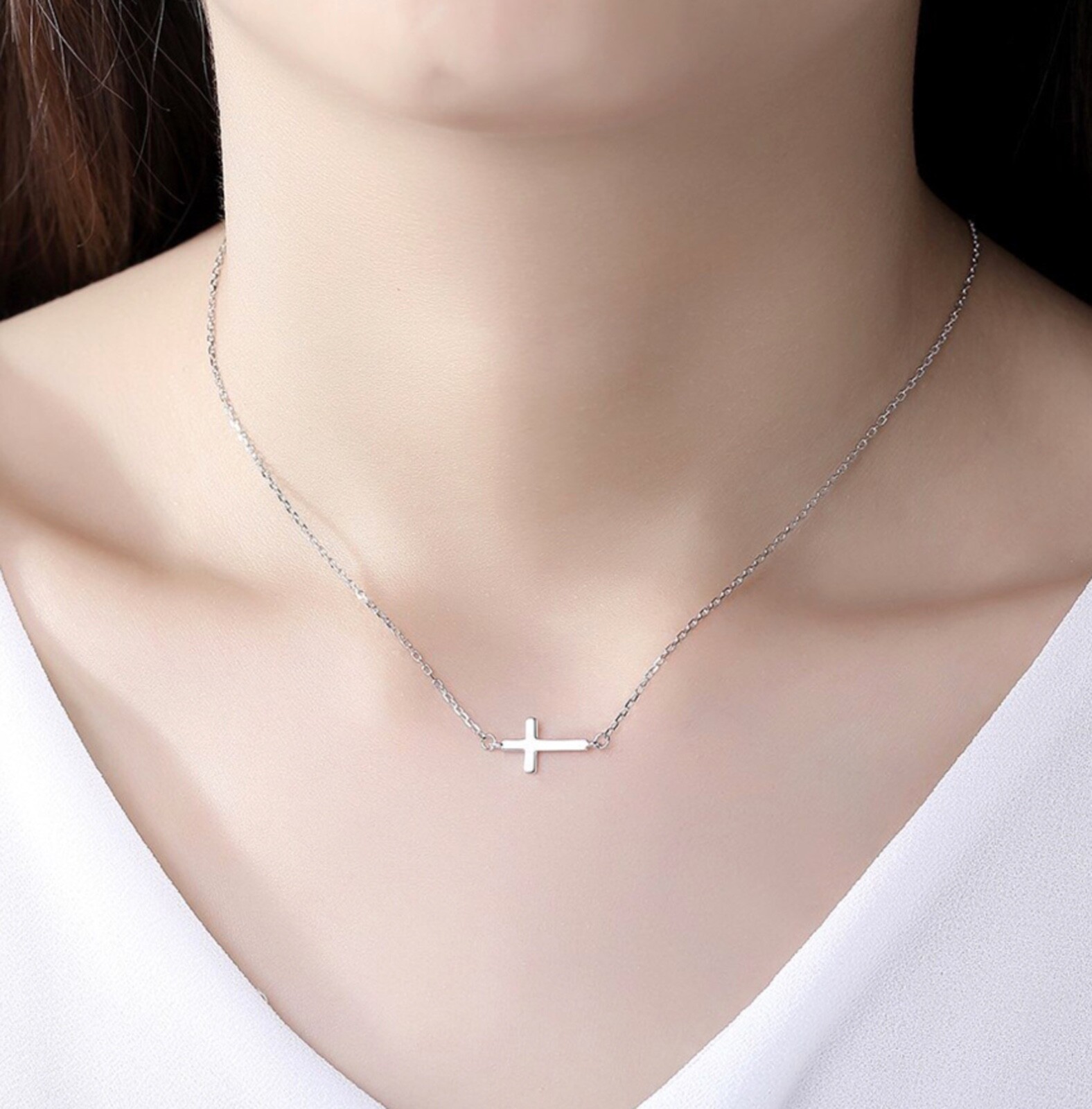 925 Sterling Silver Polished Horizontal Plain Sideways Cross Pendant Necklace