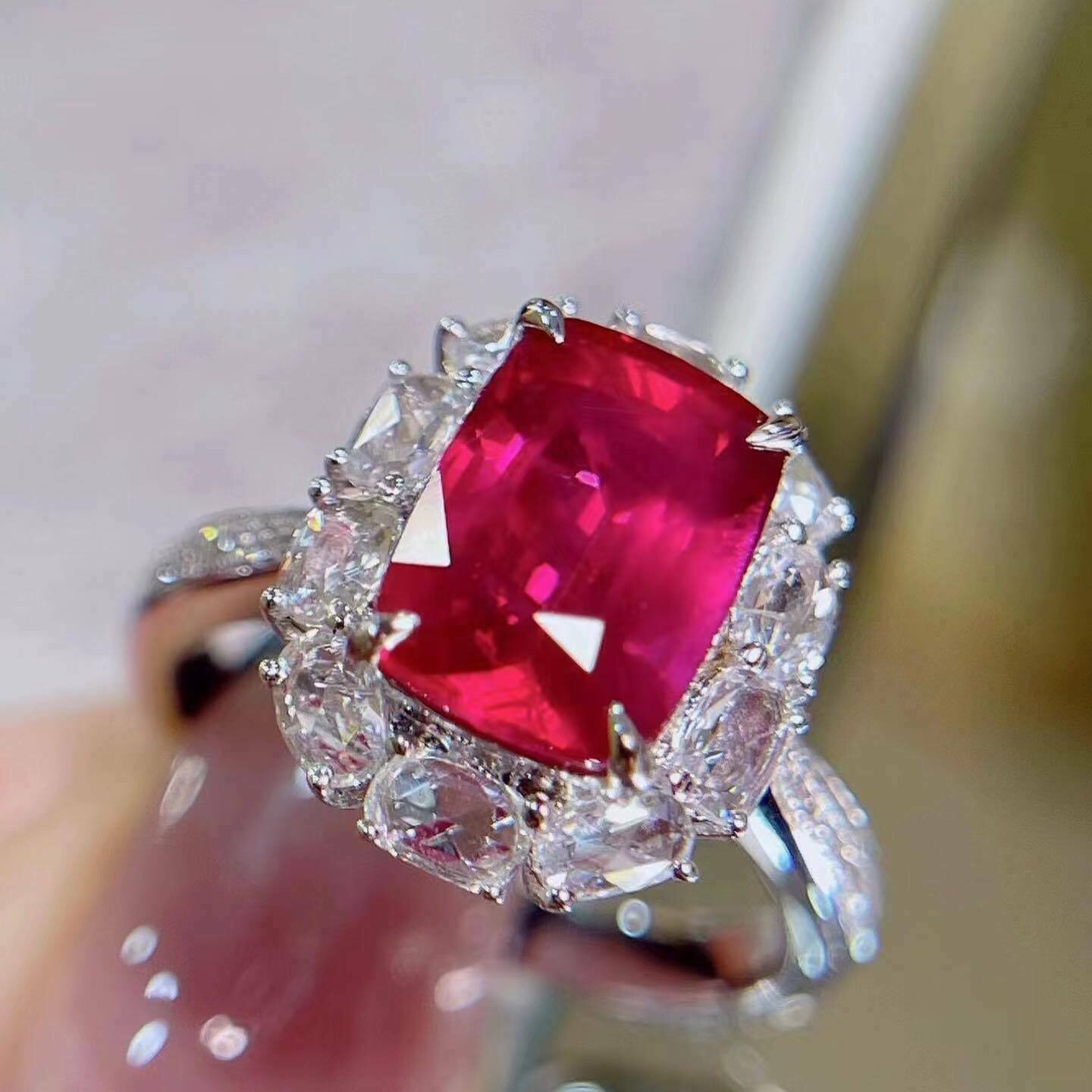 3.34Ct Cushion Simulated Ruby Women’s Wedding Ring 14k White Gold Plated Silver