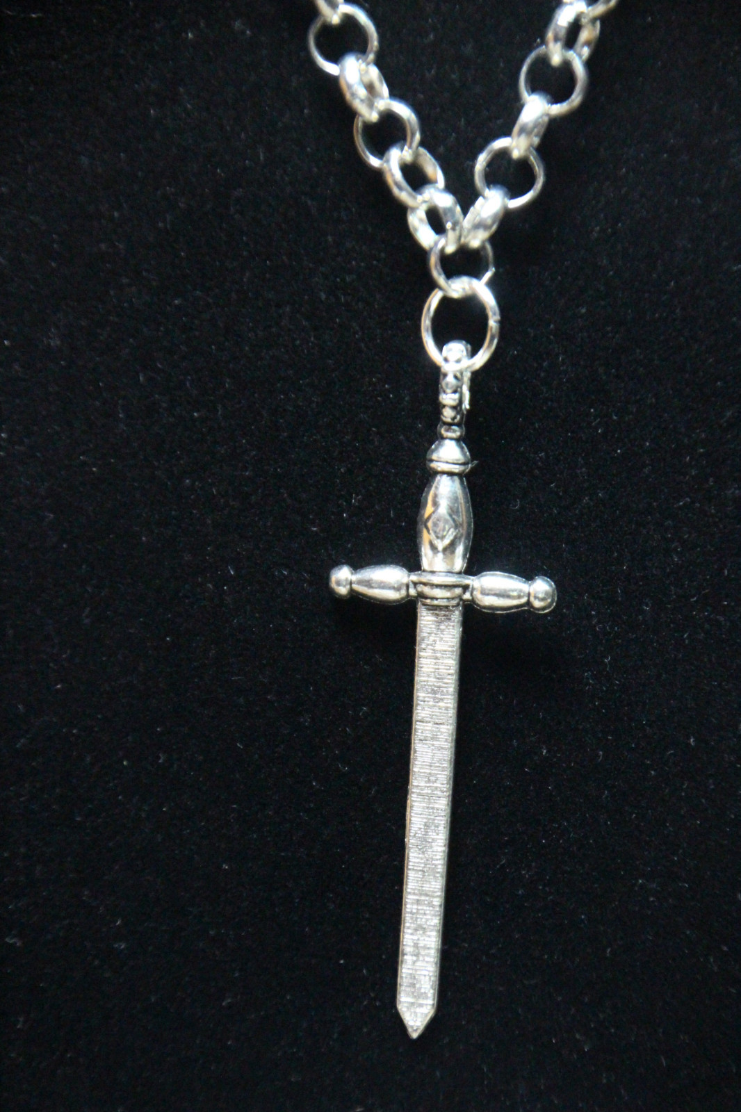 Sword Charm Fantasy Pewter Pendant Stainless Steel Chain Necklace Renn Fair 18″