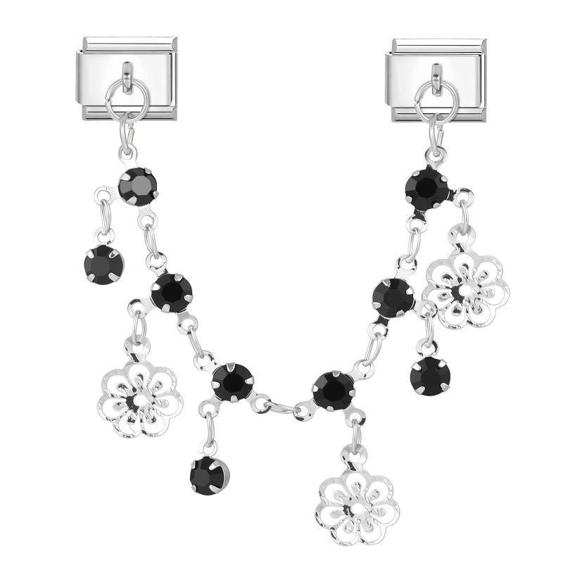 9mm Italian Charm Bracelet Accent Chain – Black Crystal & Filigree Flower Silver