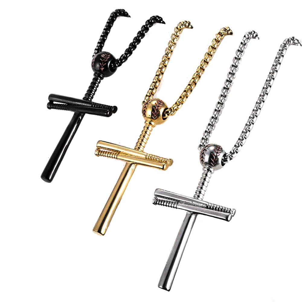 Baseball Bat Sports Cross Pendant Necklace Stainless Steel Black Silver Gold 24″
