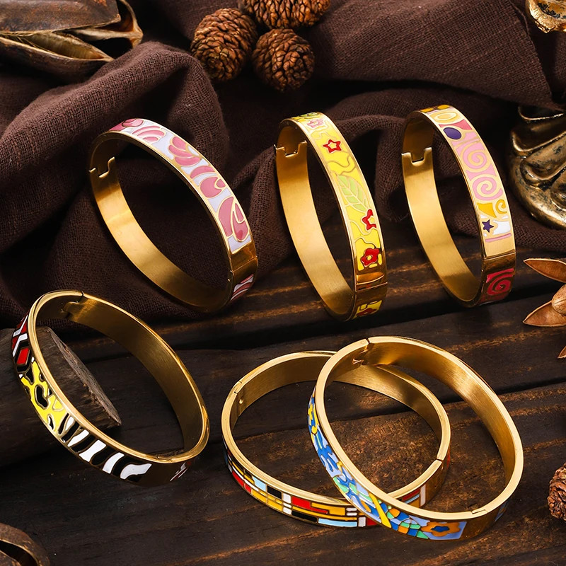 Stainless Steel Enamel Cuff Bangle Women Gold Tone Geometric Round Jewelry