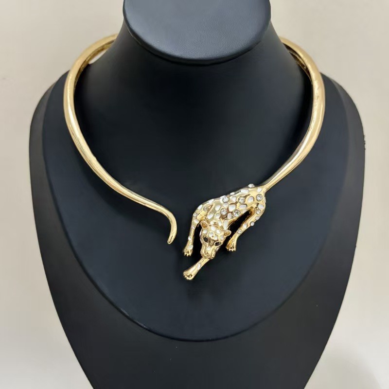 Leopard Statement Choker Necklace Gold Tone Crystal Animal Collar Necklace Women