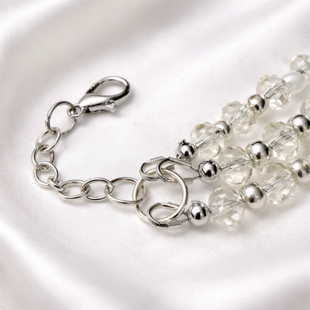 Reimagined Glass & AB Crystal Bead Bracelet Silver Tone Adjustable 6–8”